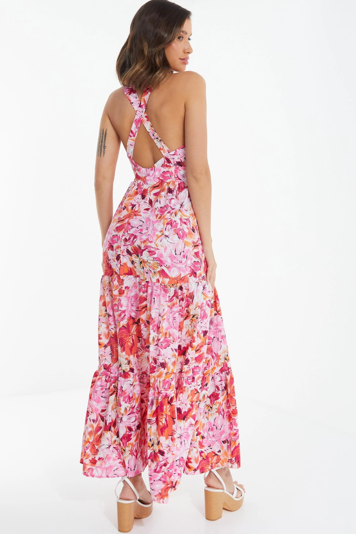Pink Floral Cross Front Maxi Dress - Image 3