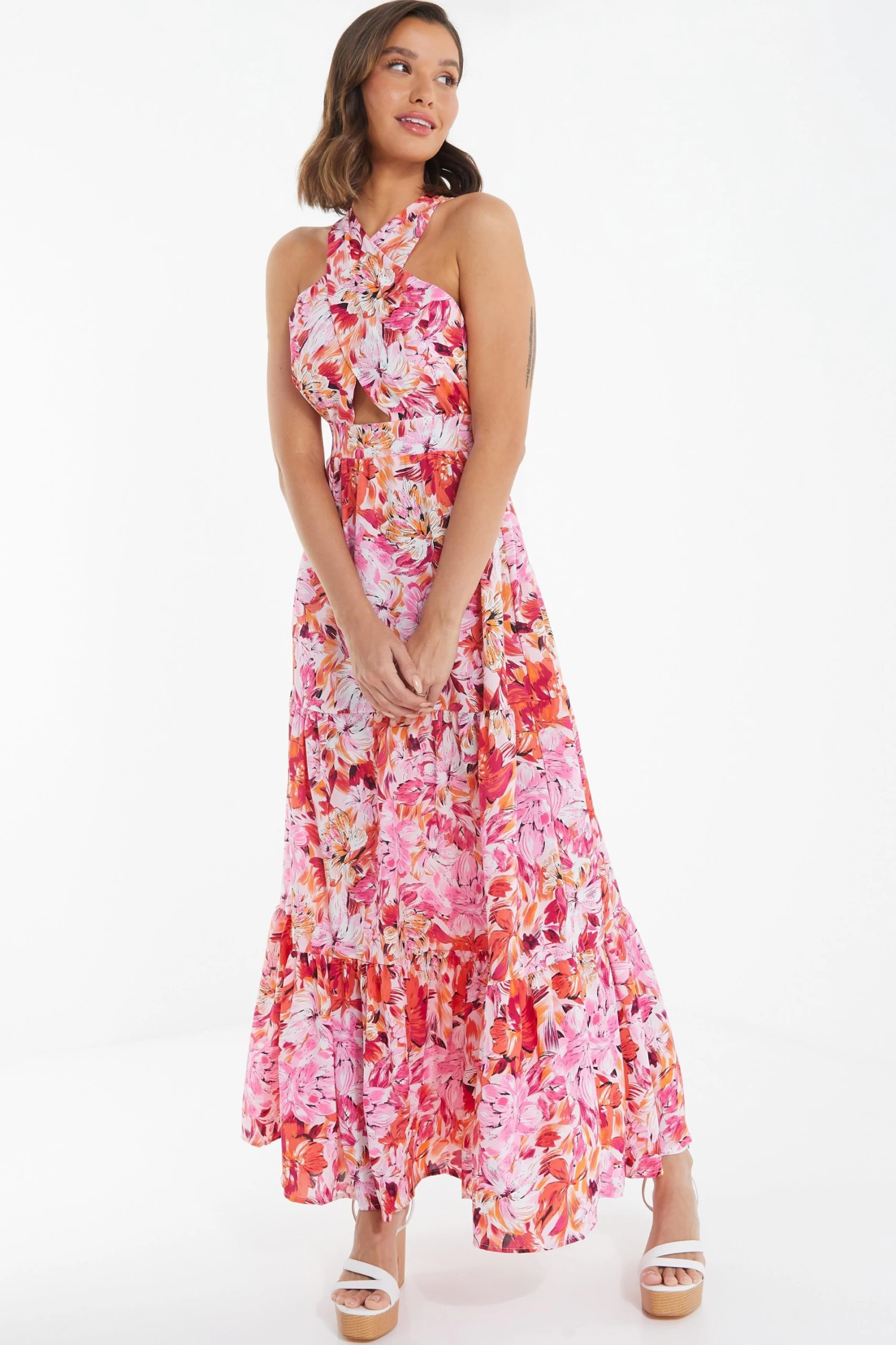 Pink Floral Cross Front Maxi Dress - Image 4
