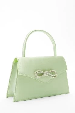 Sage Satin Diamante Bow Mini Tote Bag