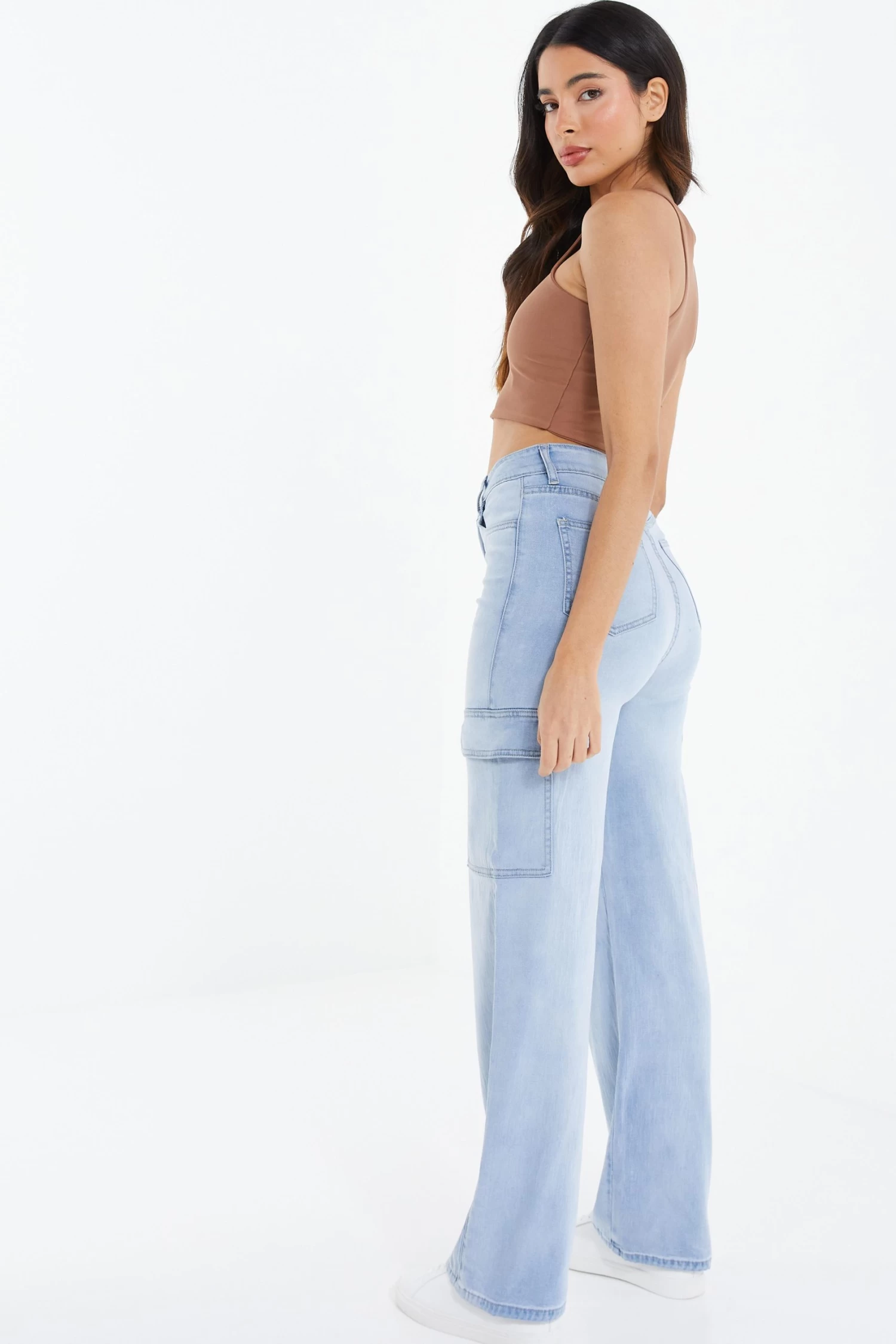 Light Blue Denim Wide Leg Cargo Jeans - Image 4
