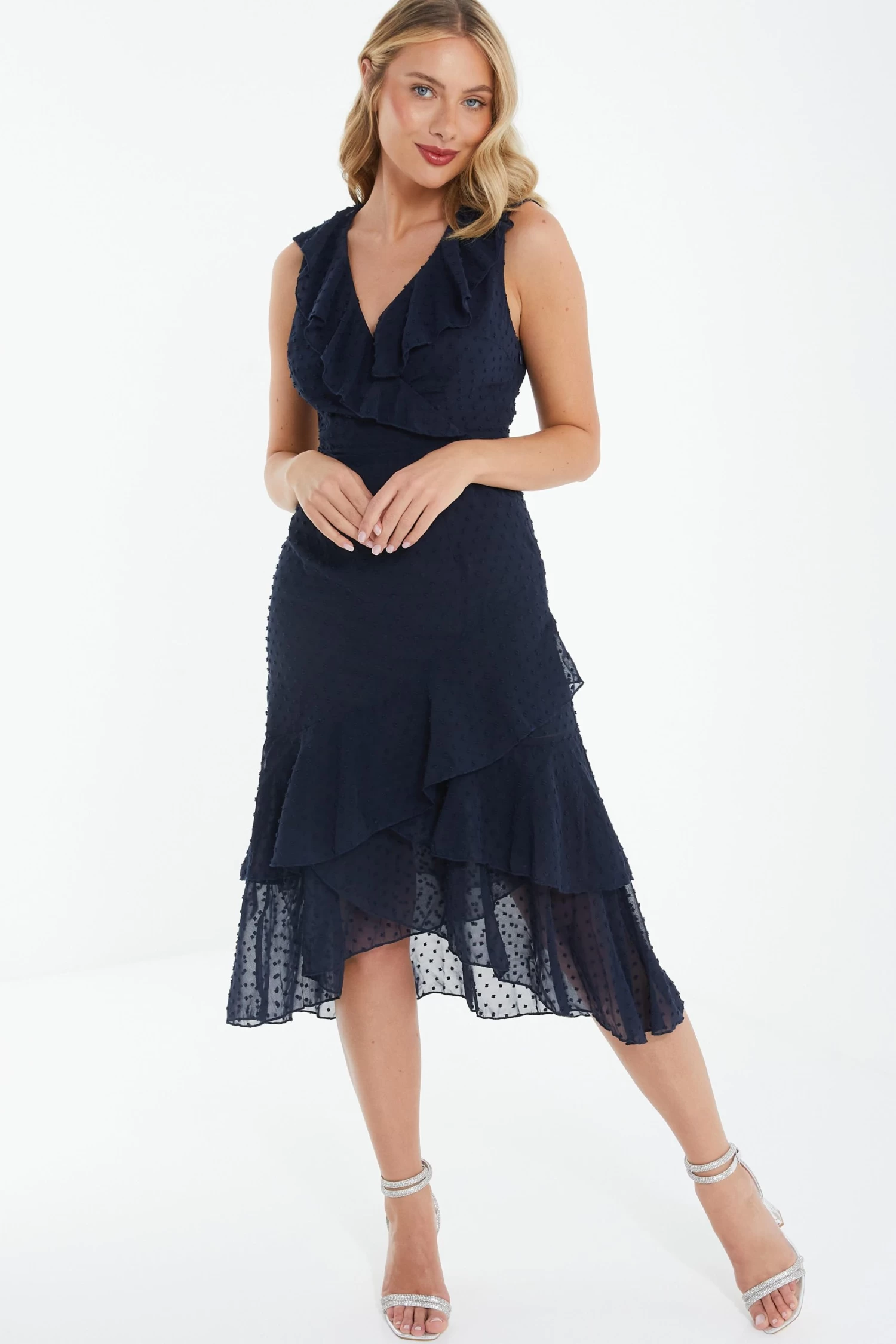 Navy Chiffon Dobby Wrap Midi Dress - Image 2