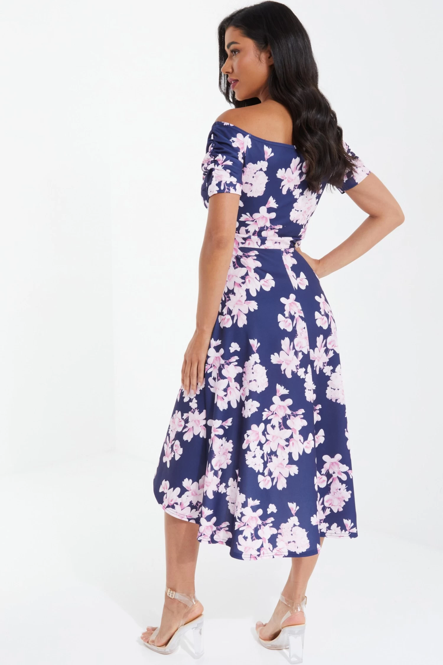Navy Floral Bardot Dip Hem Midi Dress - Image 3