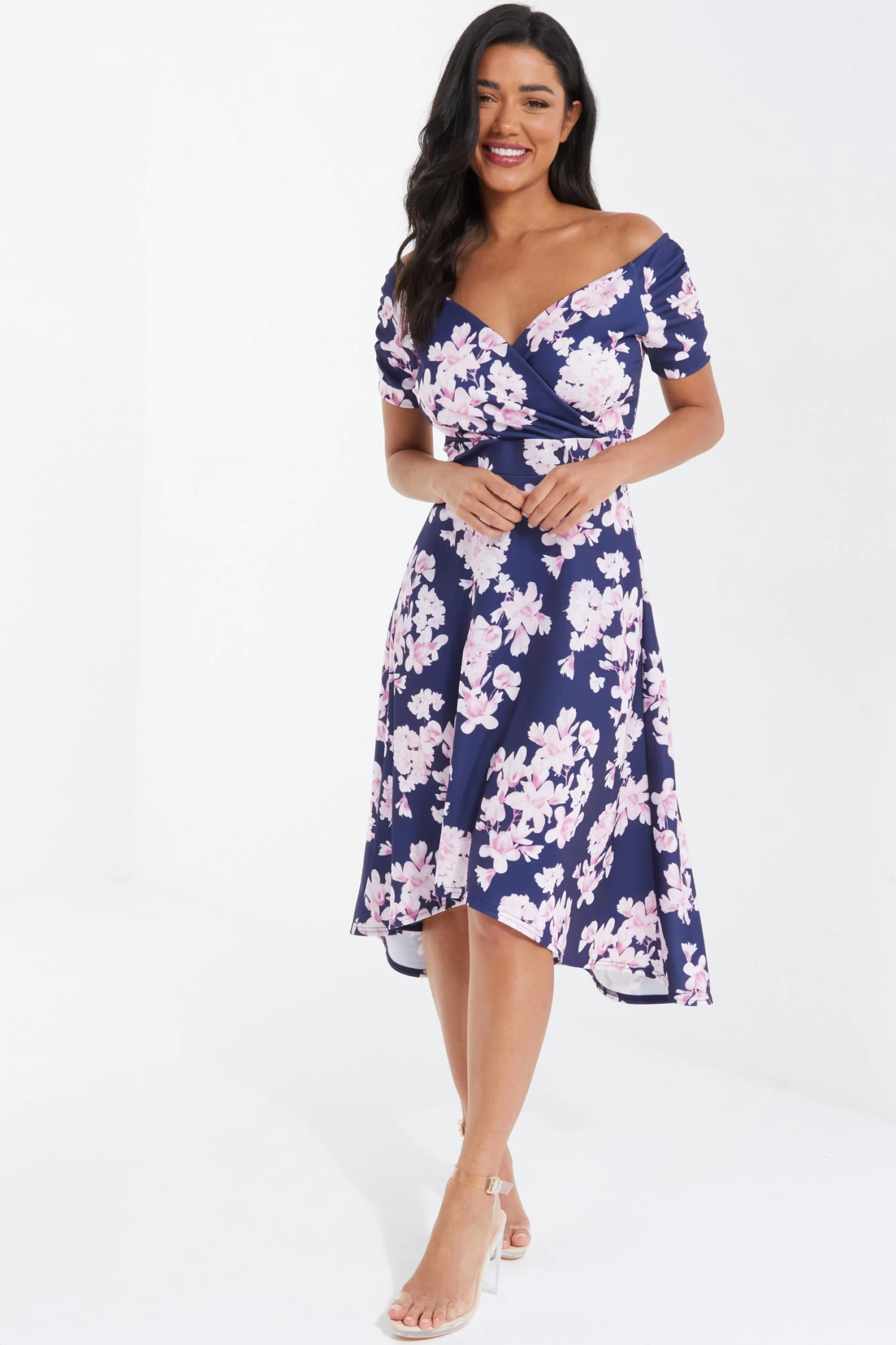 Navy Floral Bardot Dip Hem Midi Dress - Image 2