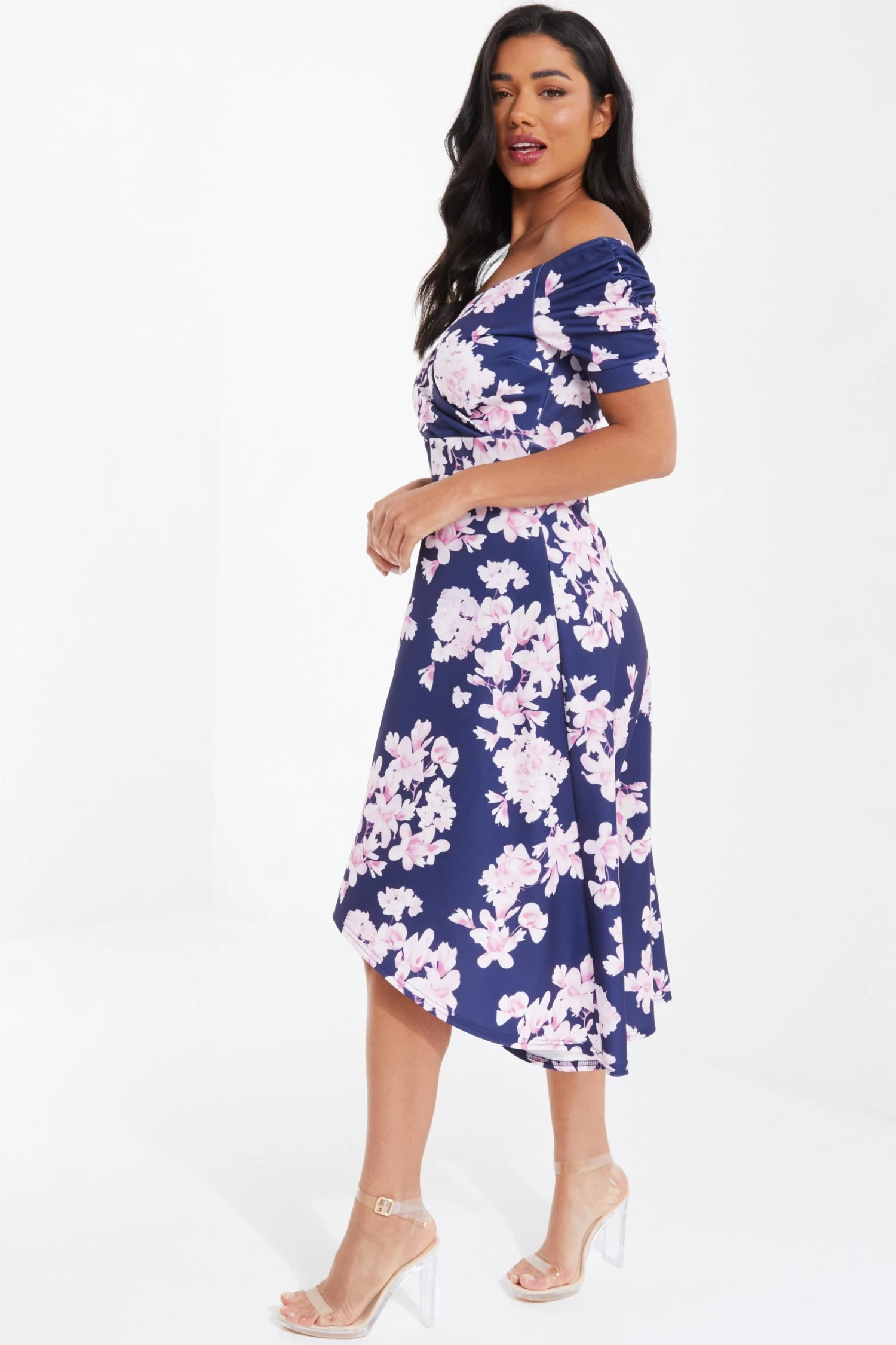 Navy Floral Bardot Dip Hem Midi Dress - Image 4