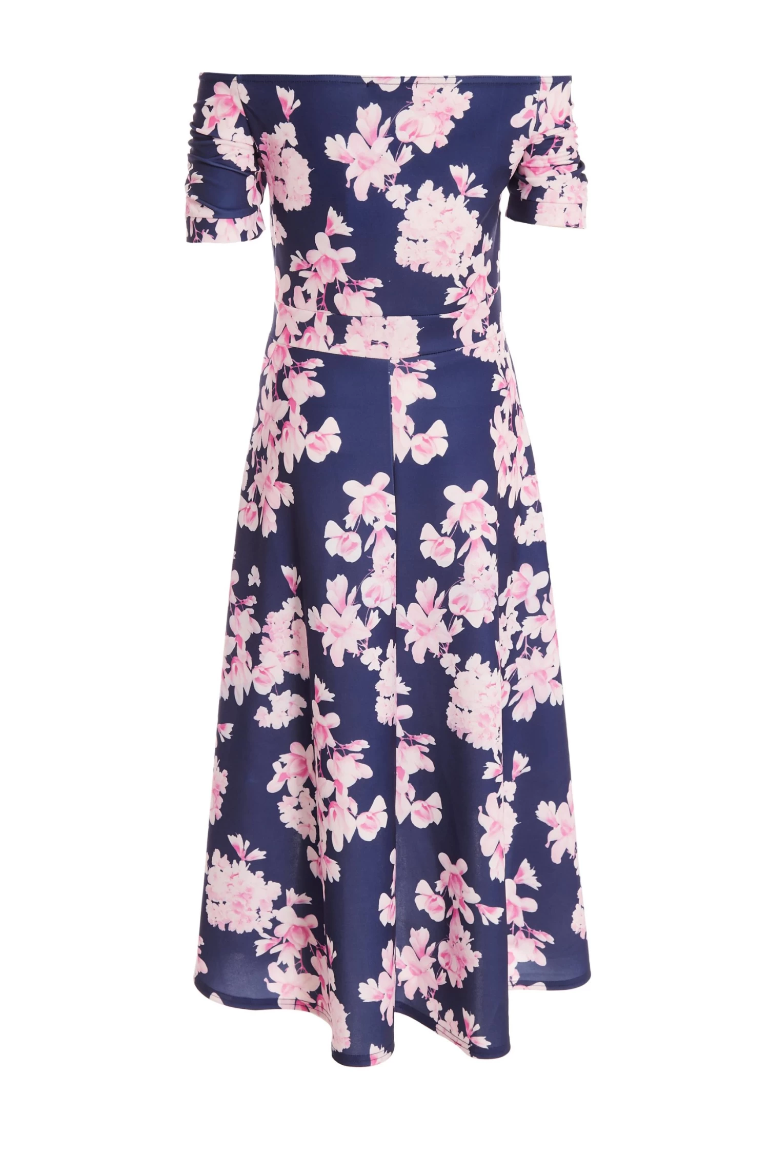 Navy Floral Bardot Dip Hem Midi Dress - Image 5