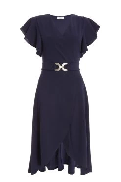 Navy Wrap Dip Hem Midi Dress