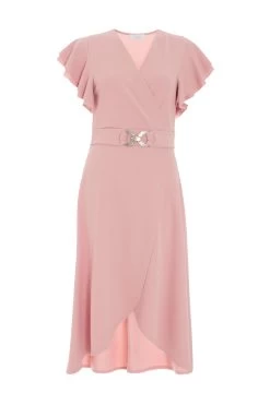 Pink Wrap Dip Hem Midi Dress