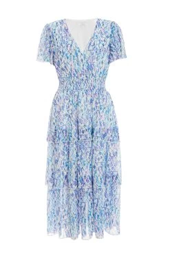 Blue Floral Tiered Wrap Midi Dress