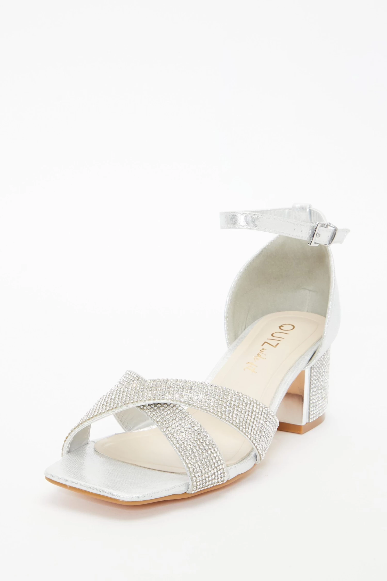 Wide Fit Silver Shimmer Diamante Heeled Sandals - Image 3