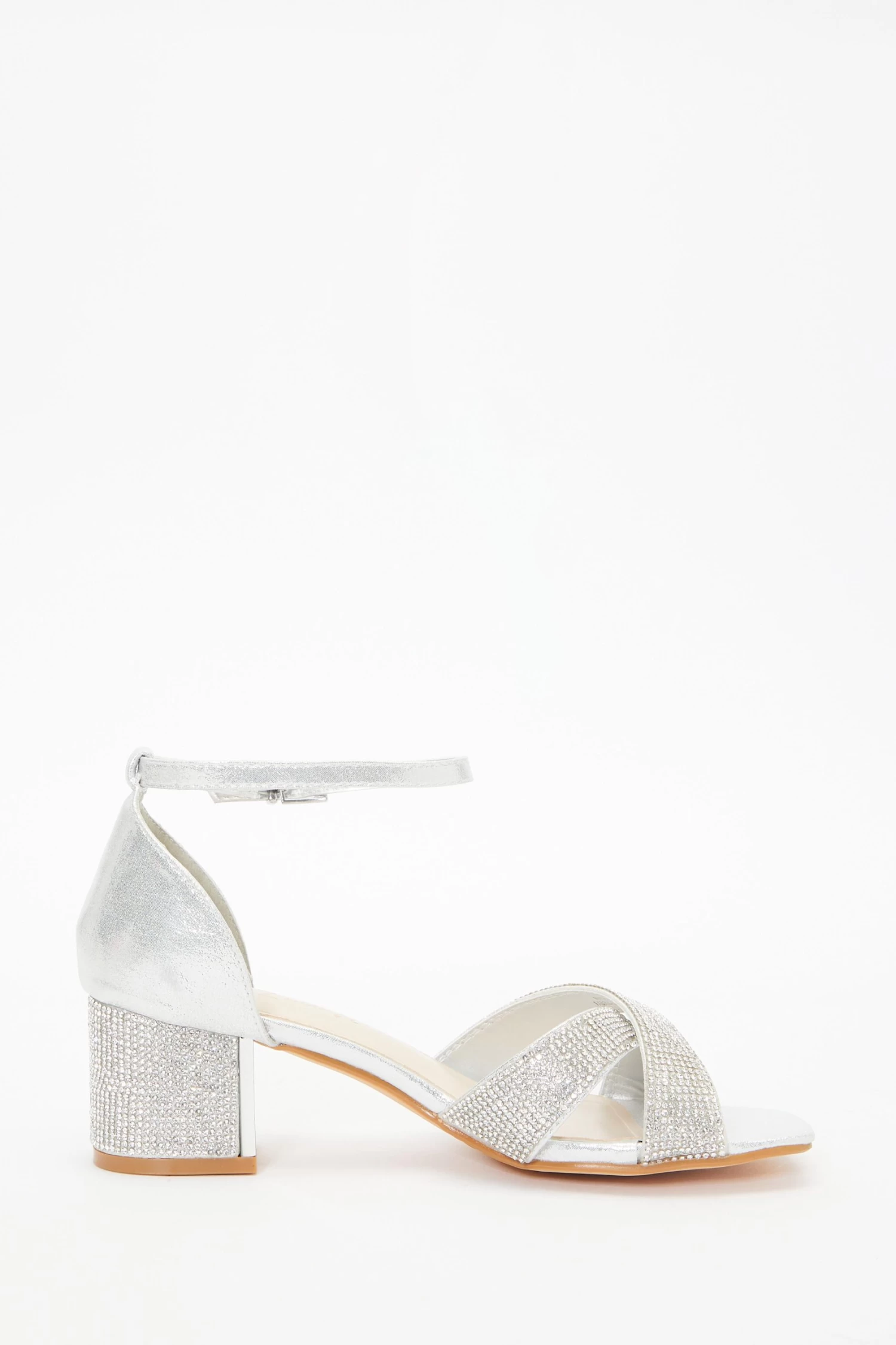 Wide Fit Silver Shimmer Diamante Heeled Sandals - Image 6