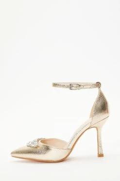 Wide Fit Gold Foil Diamante Court Heels
