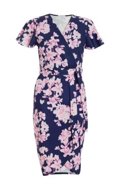 Petite Navy Floral Wrap Midi Dress