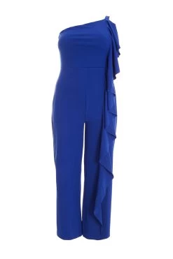 Curve Royal Blue One Shoulder Frill Palazzo Jumpsuit
