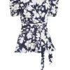 Navy Floral Puff Sleeve Peplum Top