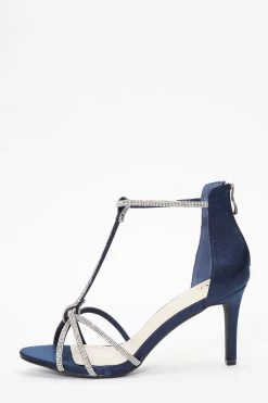 Navy Satin Diamante T-Bar Heeled Sandals