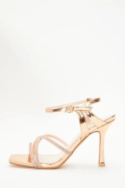 Wide Fit Rose Gold Diamante Cross Strap Heels