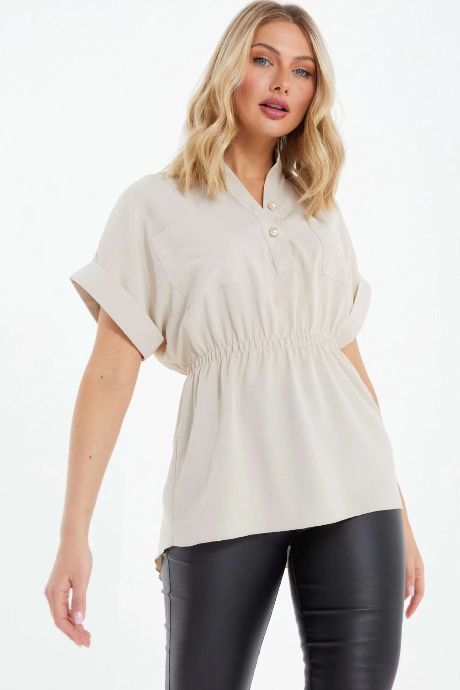 Stone Button Ruched Blouse - Image 2