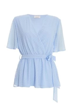 Blue Dobby Print Wrap Peplum Top