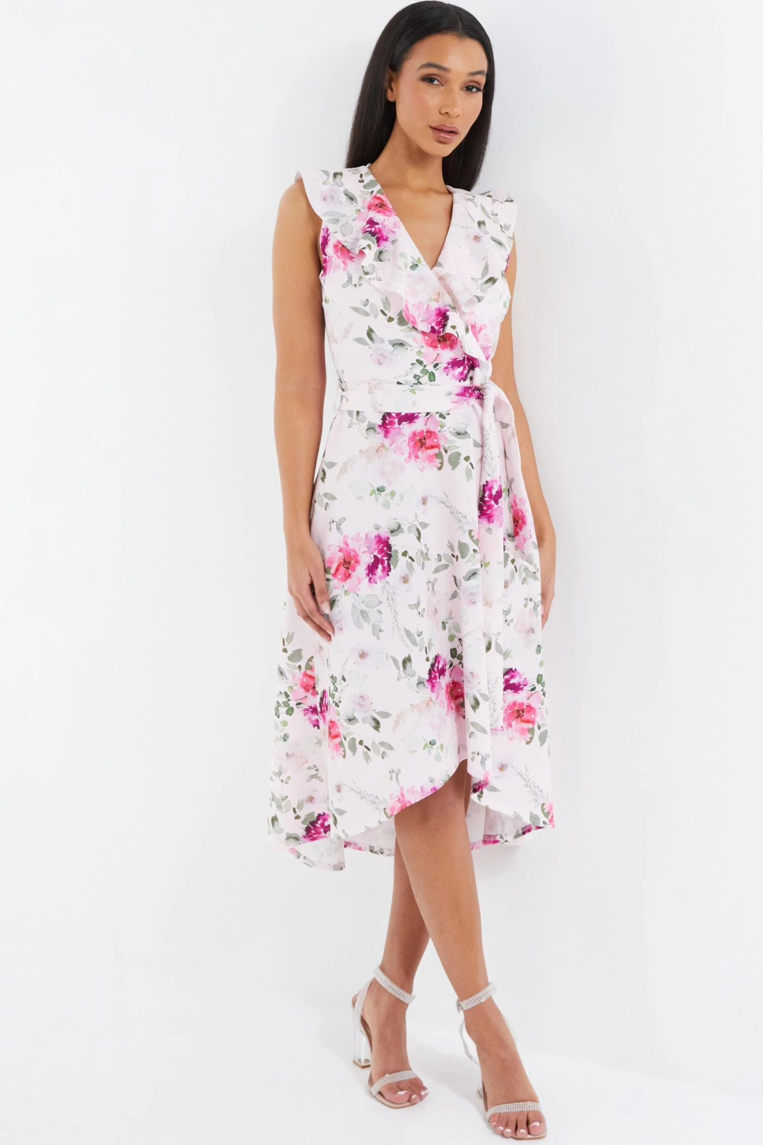 Light Pink Floral Dip Hem Midi Dress - Image 2