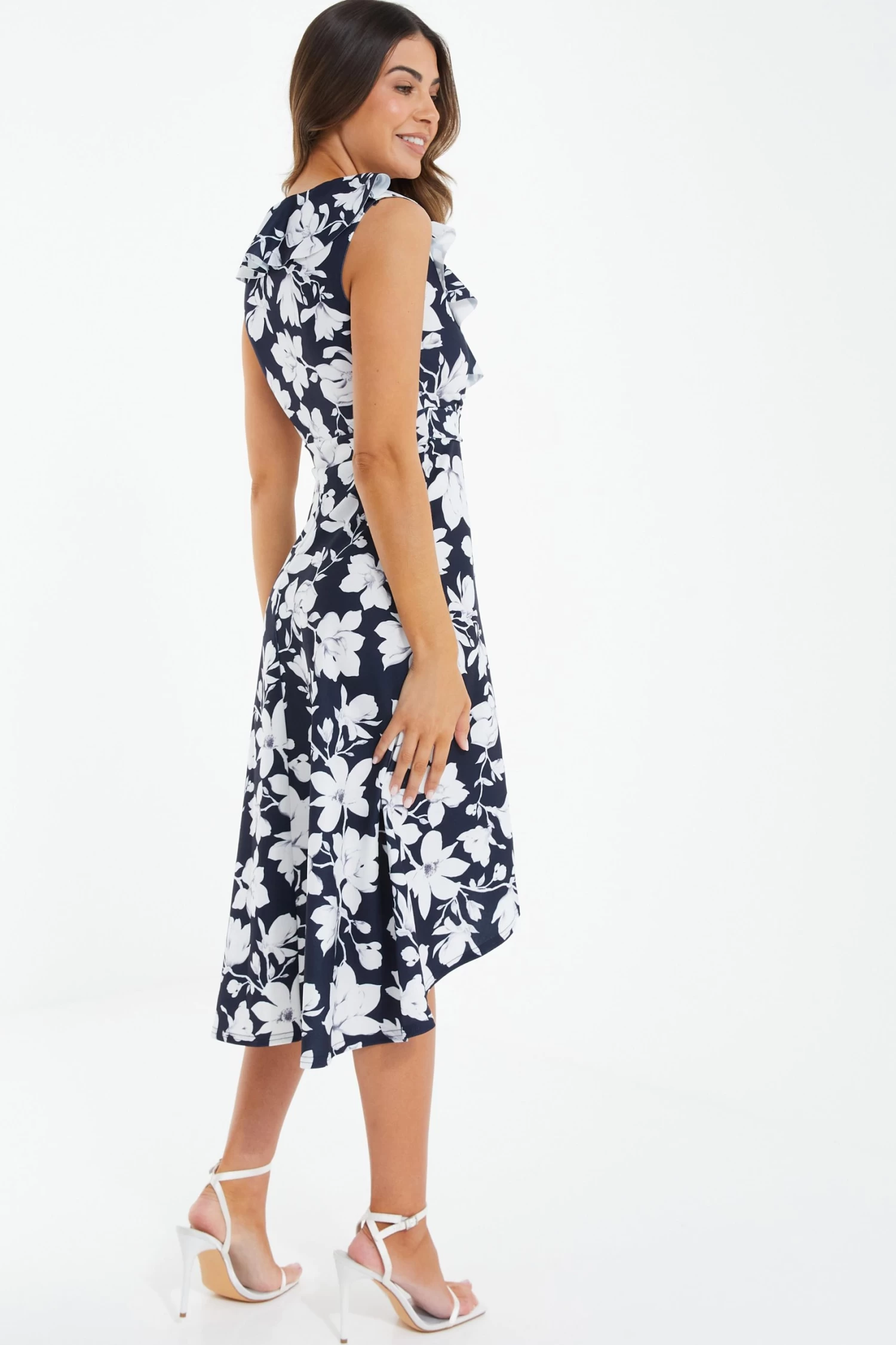 Petite Navy Floral Dip Hem Midi Dress - Image 3