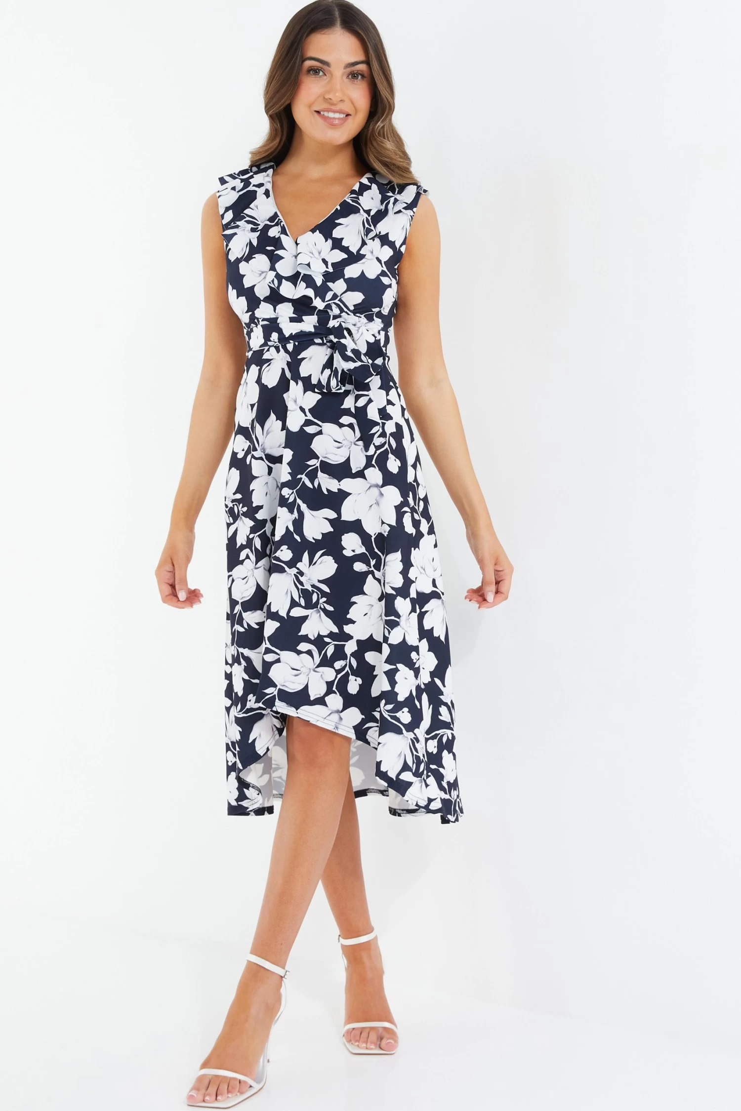 Petite Navy Floral Dip Hem Midi Dress - Image 2