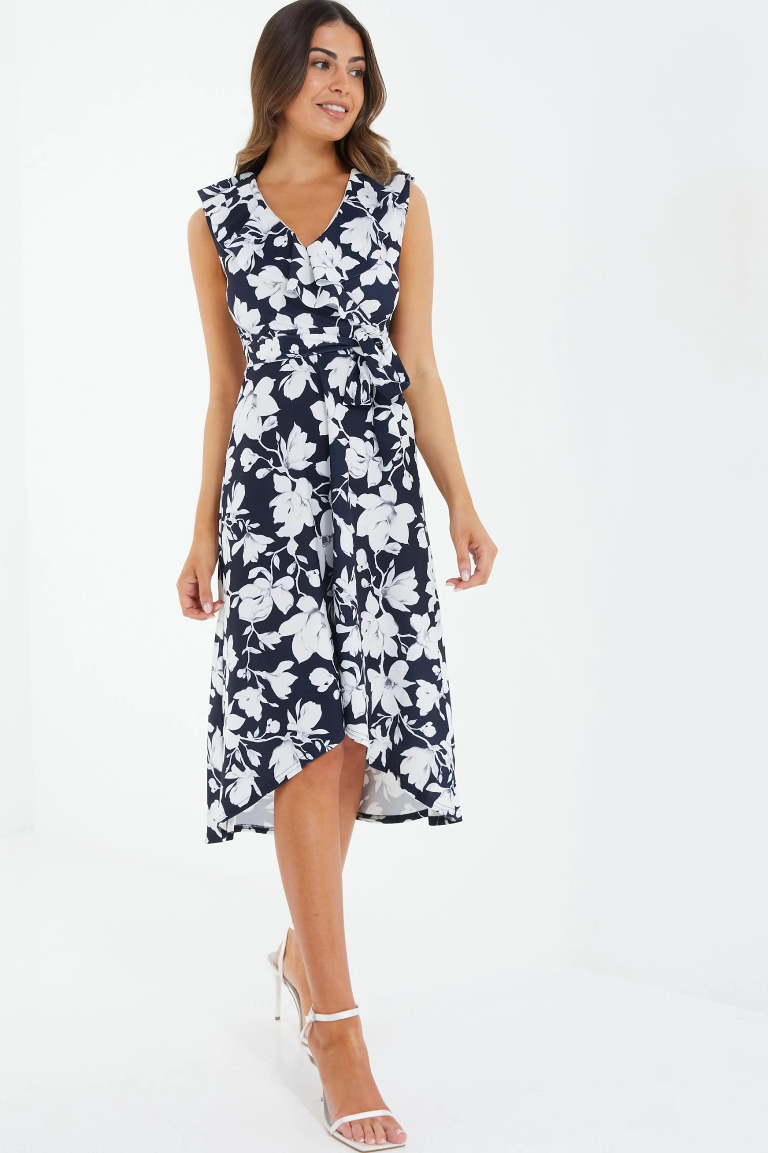 Petite Navy Floral Dip Hem Midi Dress - Image 4