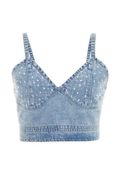 Light Blue Denim Diamante Crop Top