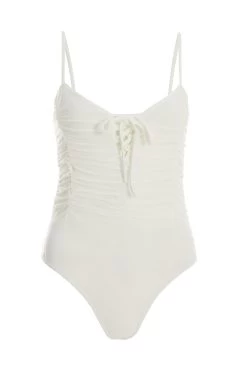 Cream Lace Up Ruched Bodysuit