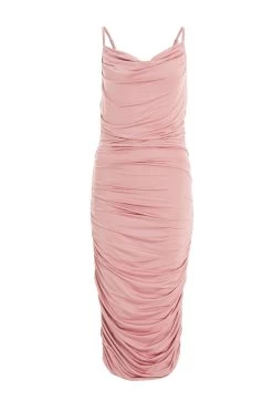 Pink Ruched Bodycon Midi Dress