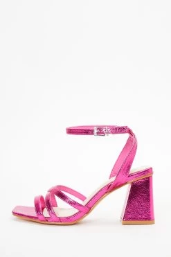 Pink Cross Strap Block Heeled Sandals