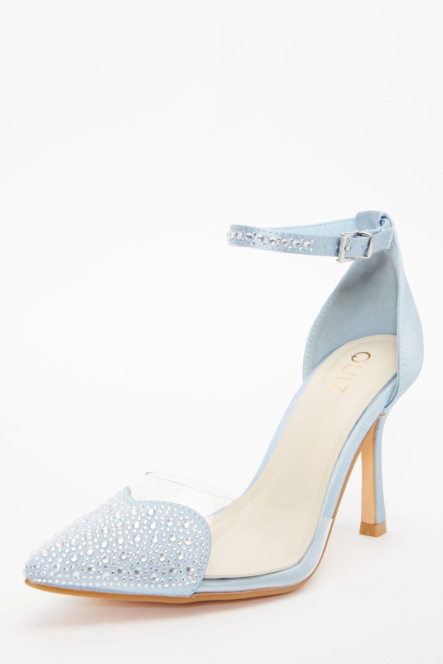 Blue Satin Diamante Heart Court Heels - Image 3