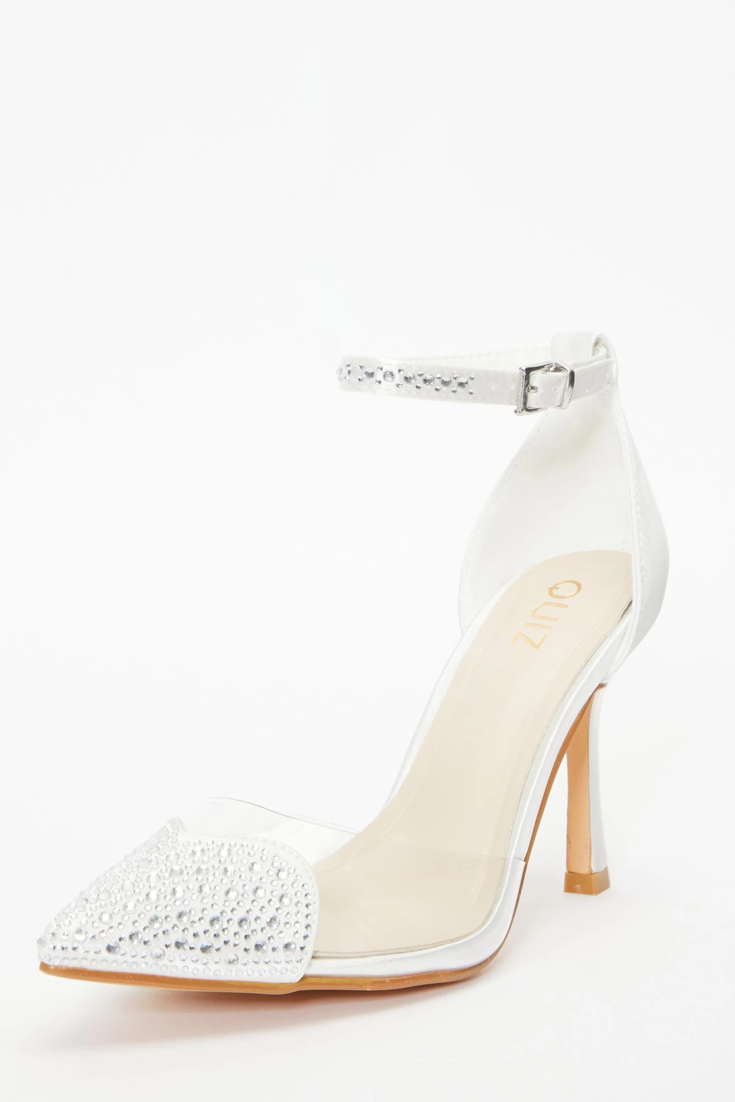 Bridal White Satin Diamante Heart Court Heels - Image 3