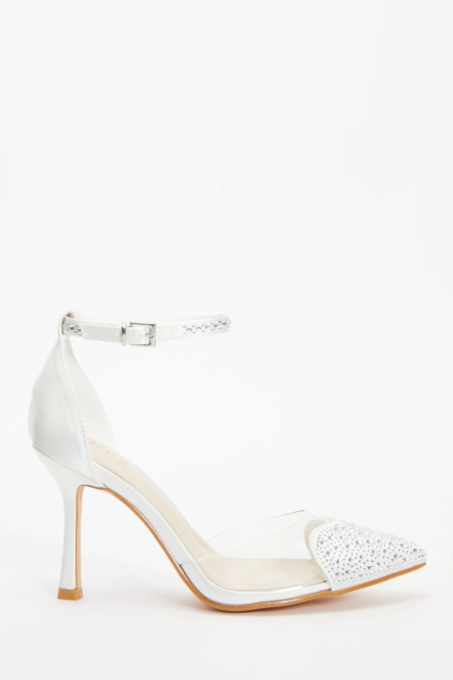 Bridal White Satin Diamante Heart Court Heels - Image 2