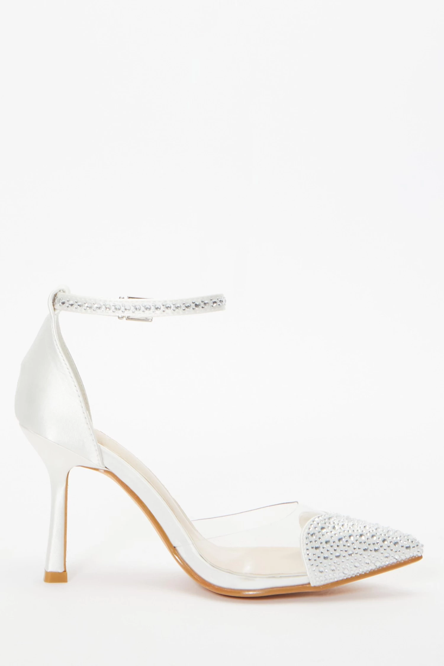 Bridal White Satin Diamante Heart Court Heels - Image 6