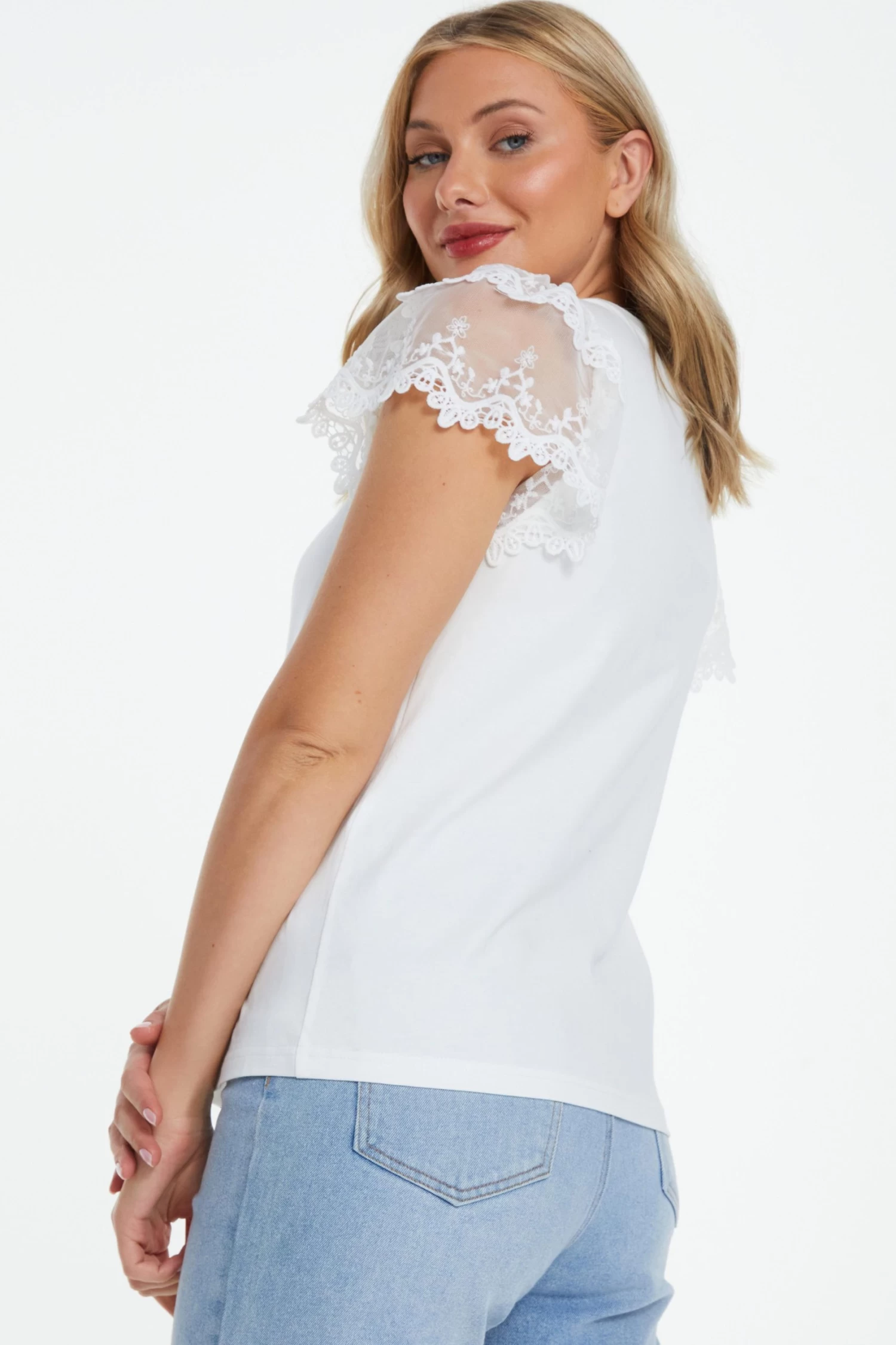 White Lace Sleeve T-Shirt - Image 3