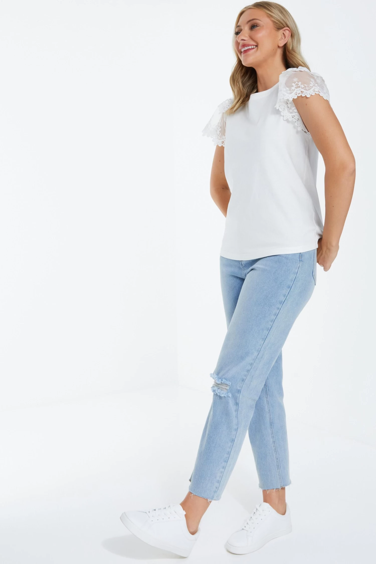 White Lace Sleeve T-Shirt - Image 4