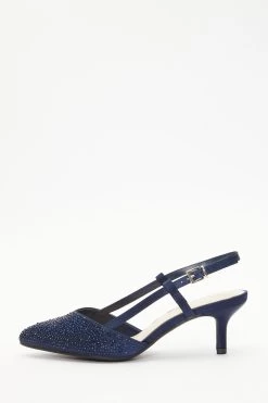 Wide Fit Navy Satin Diamante Low Court Heels