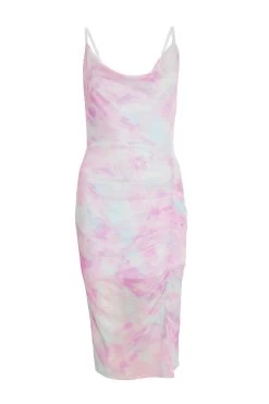 Pink Mesh Marble Print Ruched Midi Dress