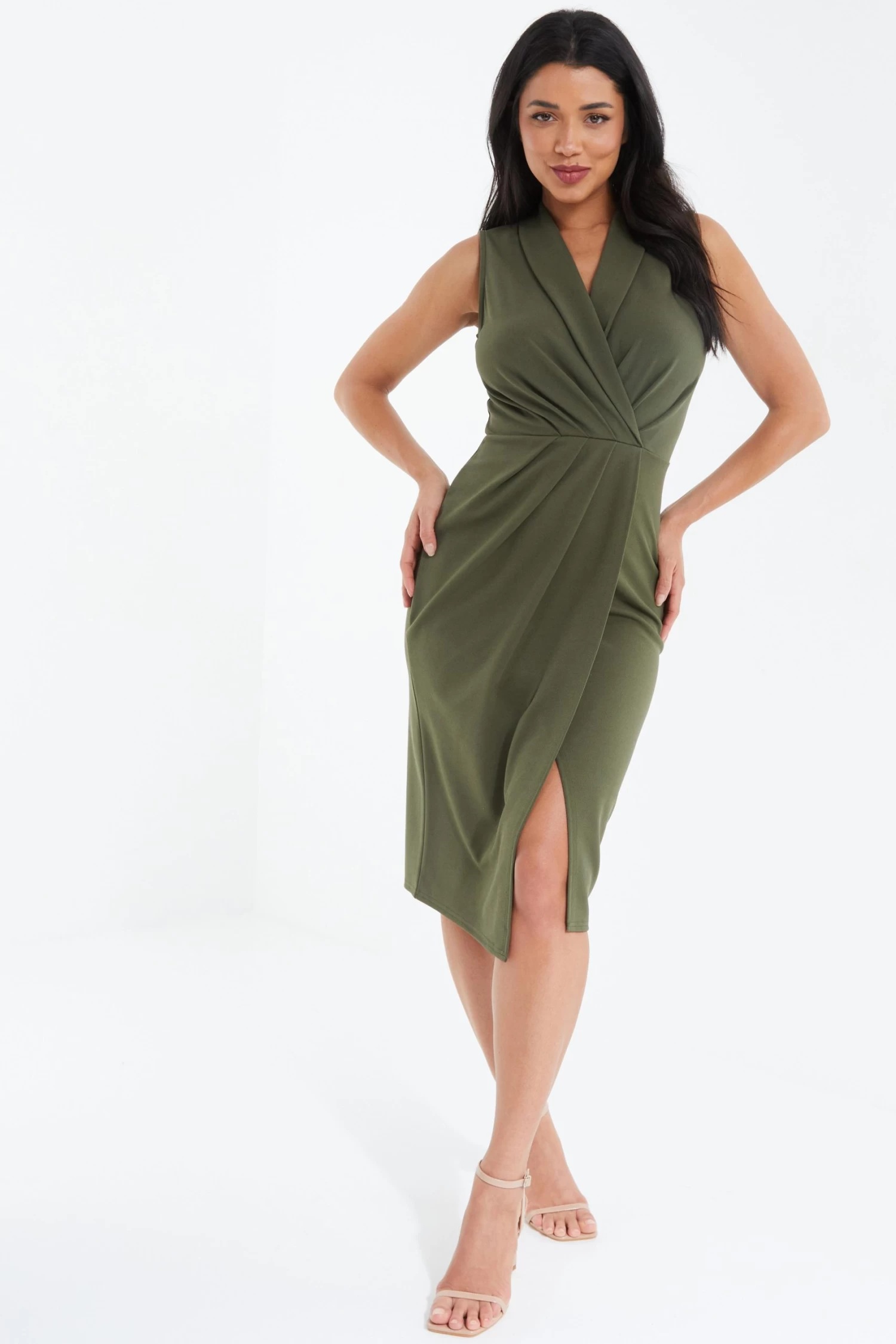 Khaki Wrap Sleeveless Midi Dress - Image 2