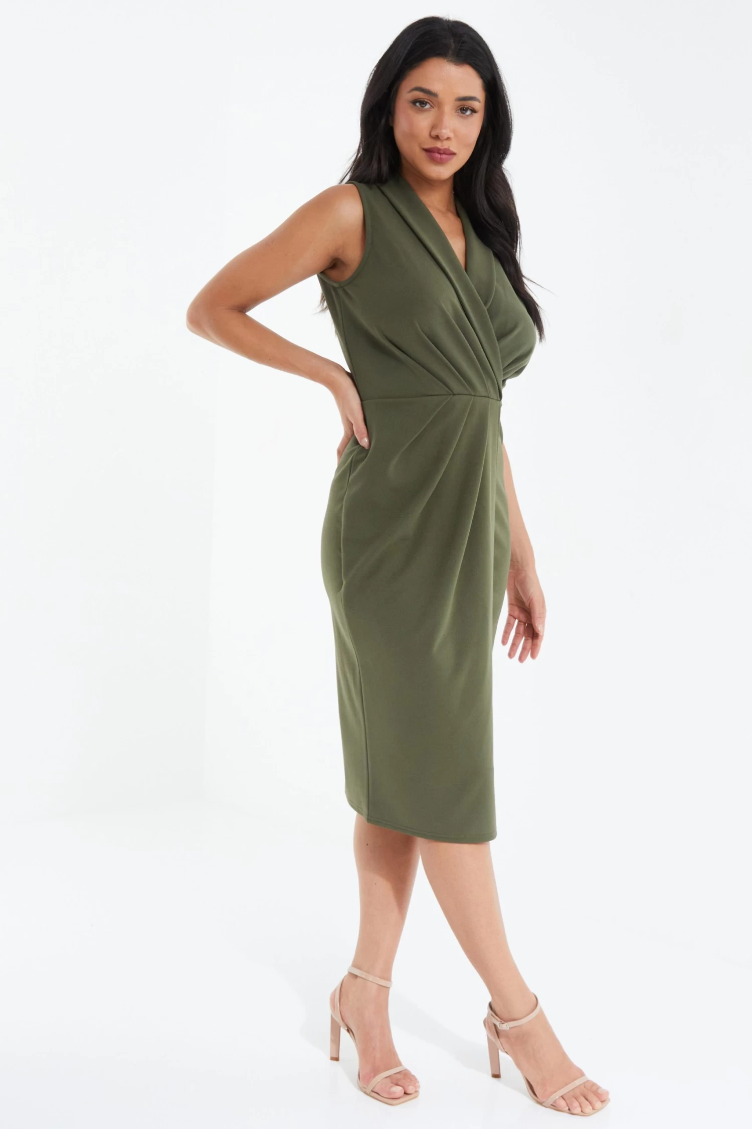 Khaki Wrap Sleeveless Midi Dress - Image 4