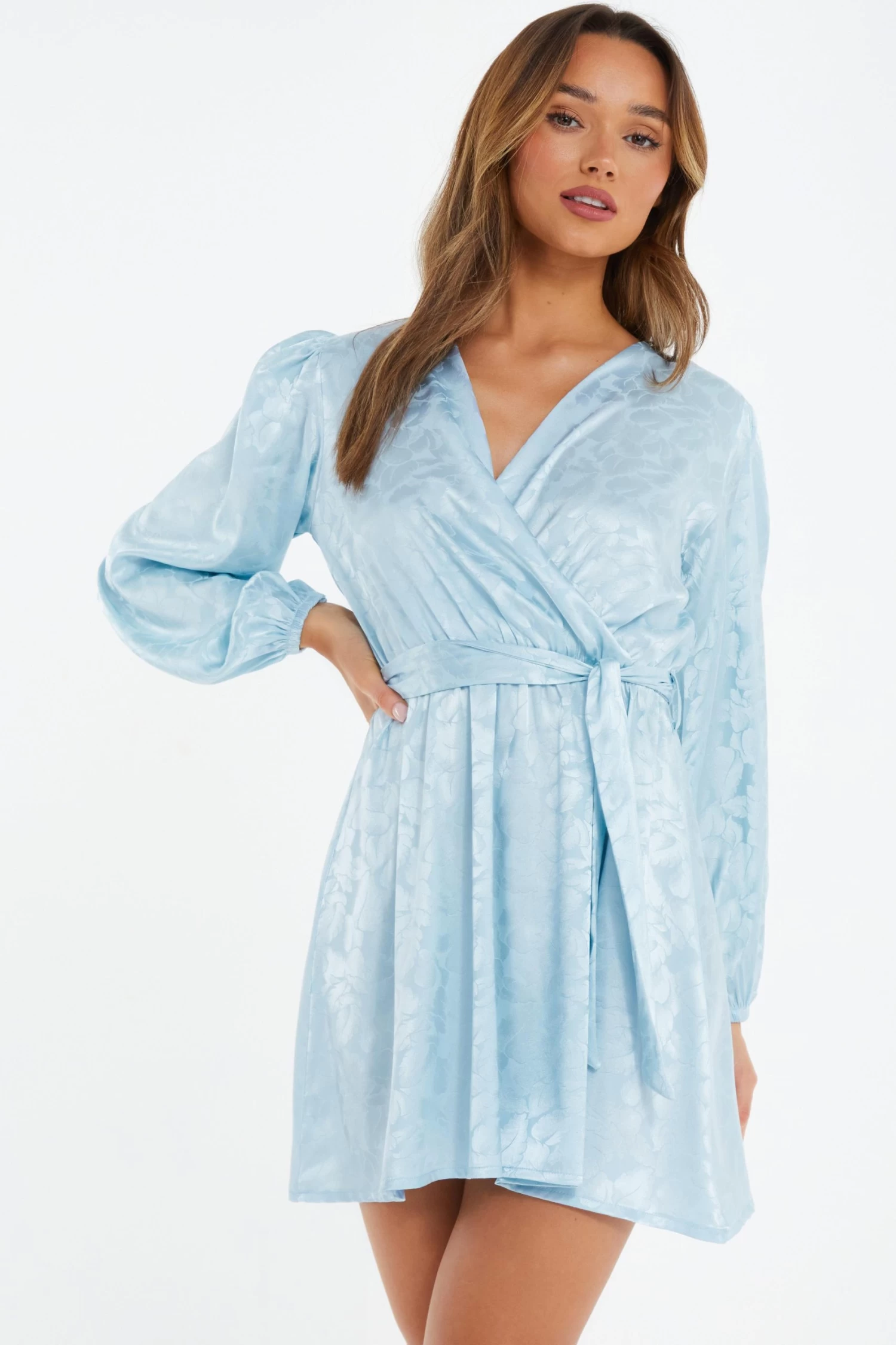 Light Blue Satin Jacquard Wrap Mini Dress - Image 2