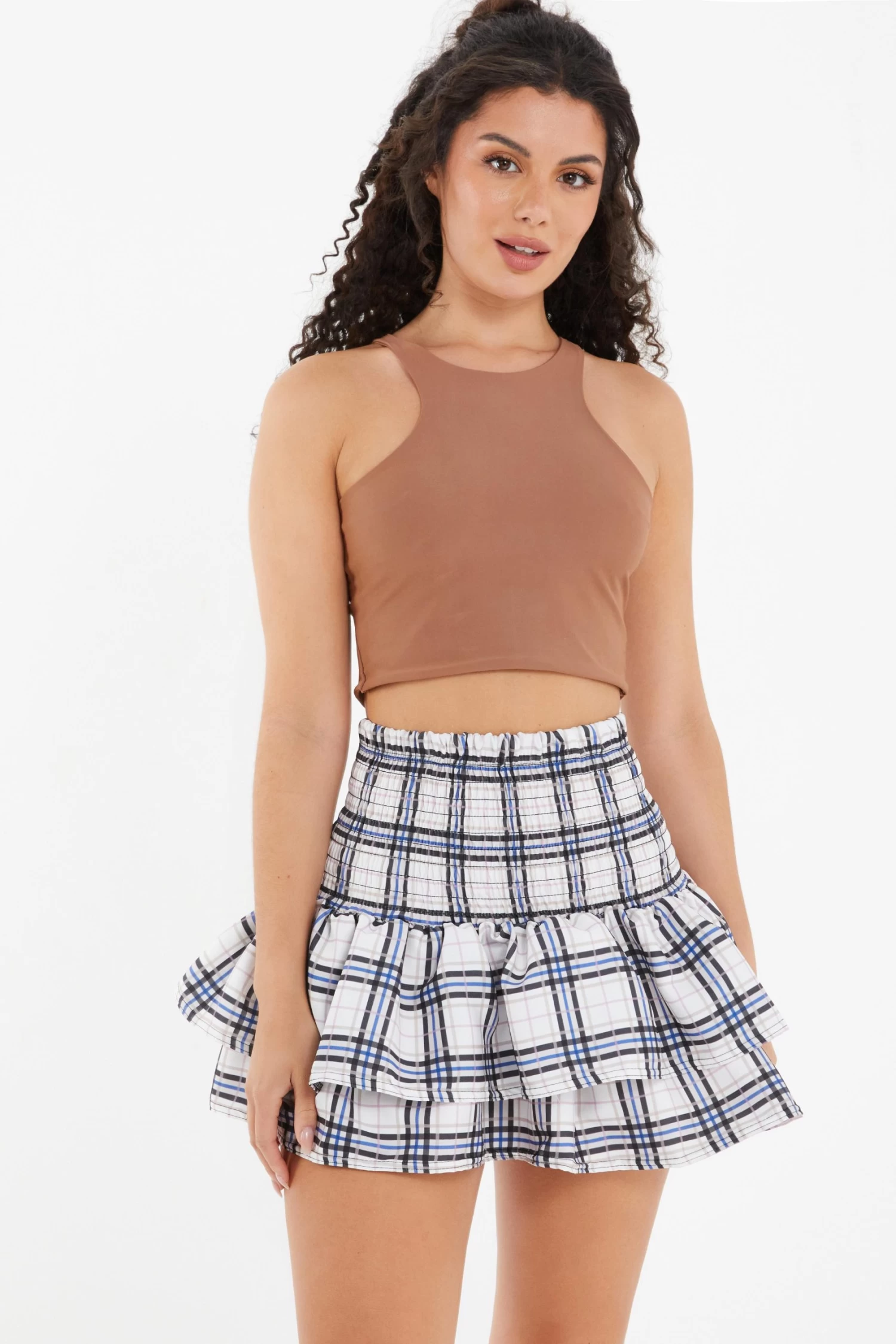 White Check Print Ruched Frill Mini Skirt - Image 2
