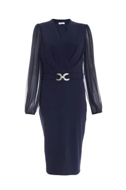 Navy Chiffon Sleeve Buckle Midi Dress
