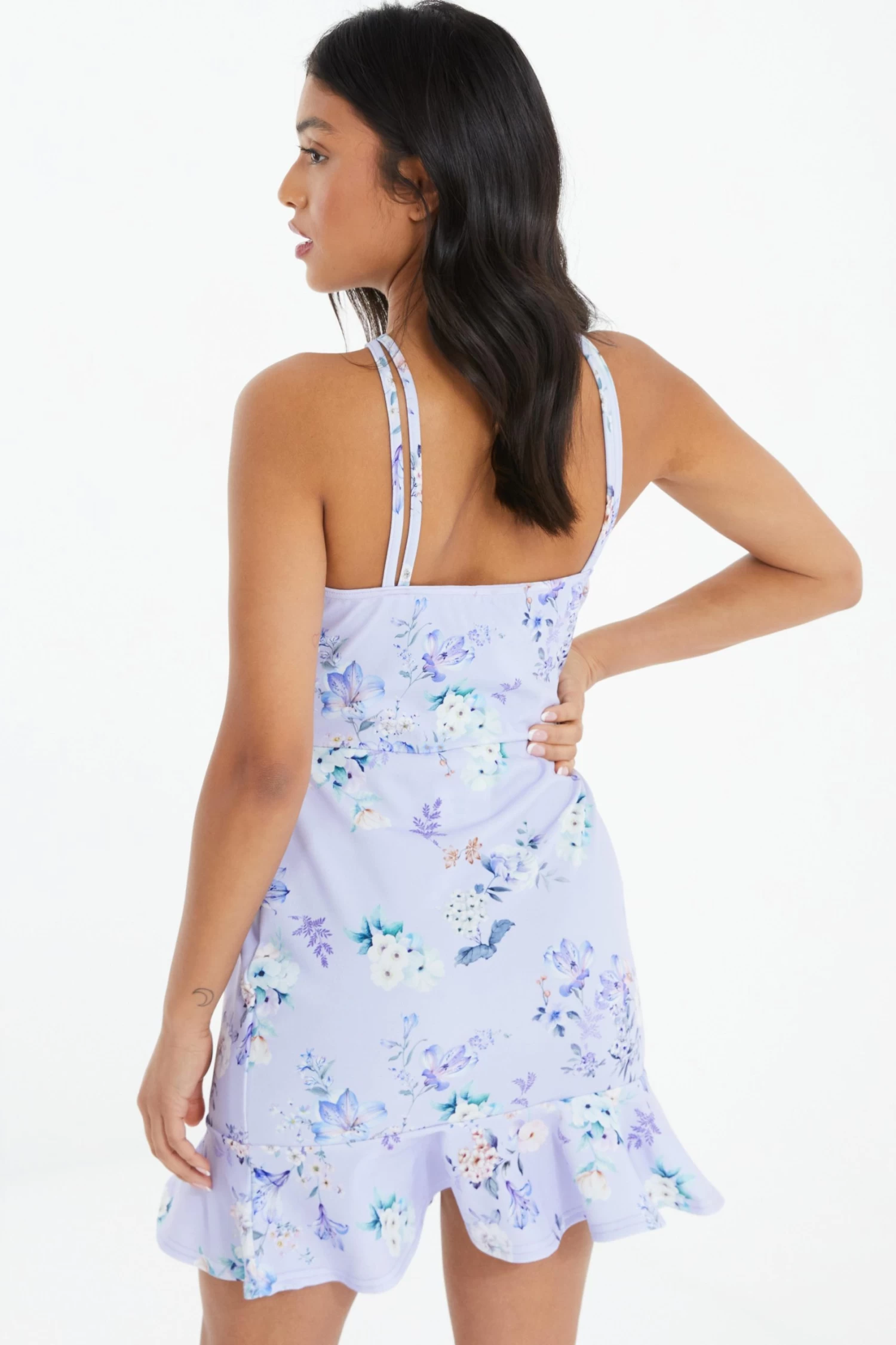 Petite Lilac Floral Halter Neck Bodycon Mini Dress - Image 3