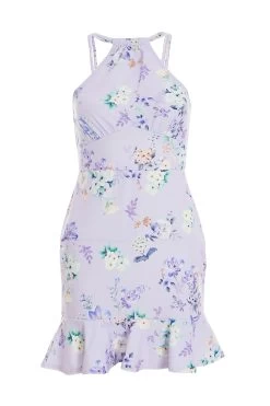 Petite Lilac Floral Halter Neck Bodycon Mini Dress
