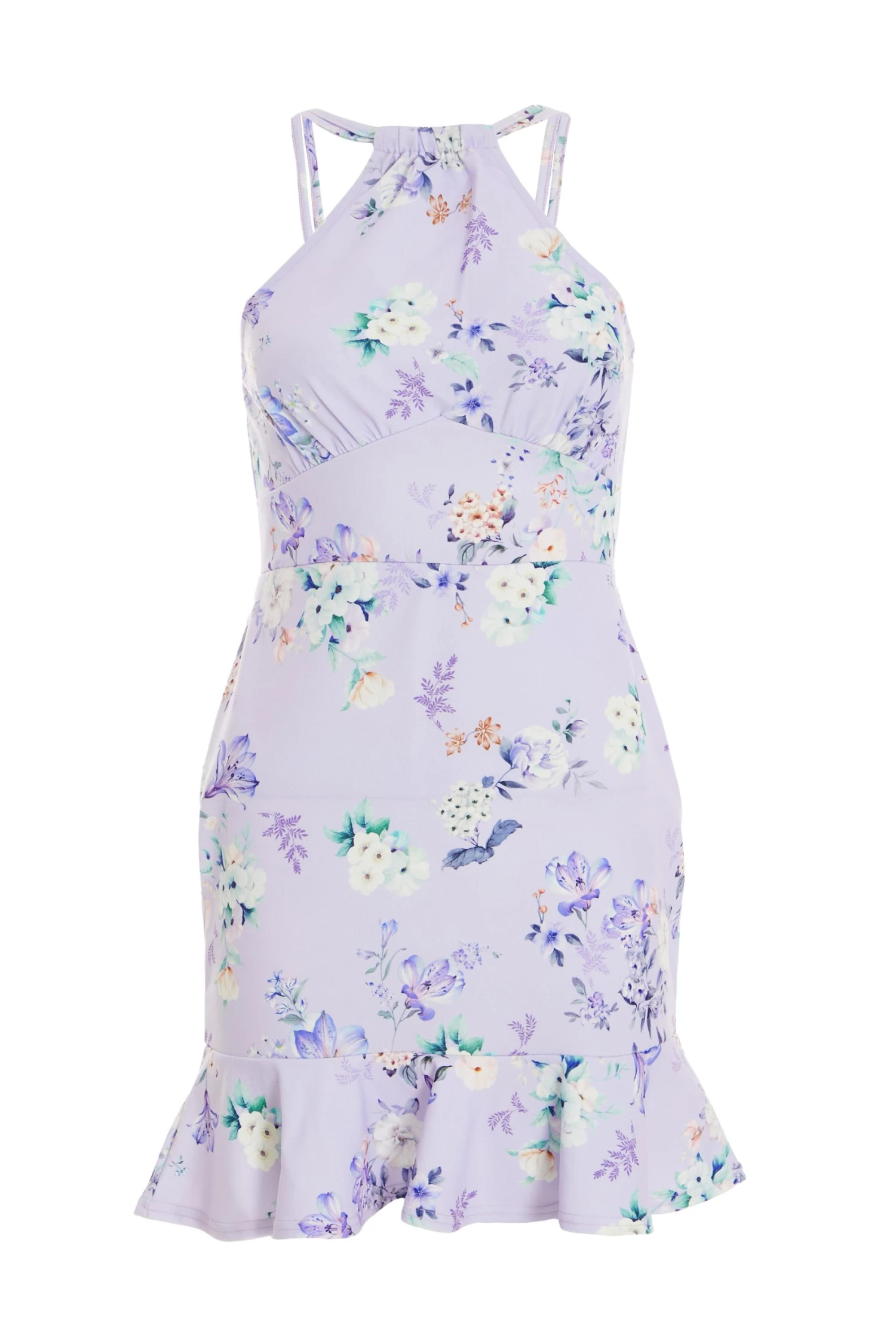 Petite Lilac Floral Halter Neck Bodycon Mini Dress