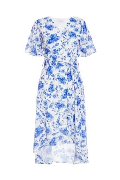 White Floral Wrap Dip Hem Midi Dress
