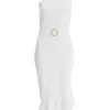 White Asymmetric Frill Bodycon Midi Dress