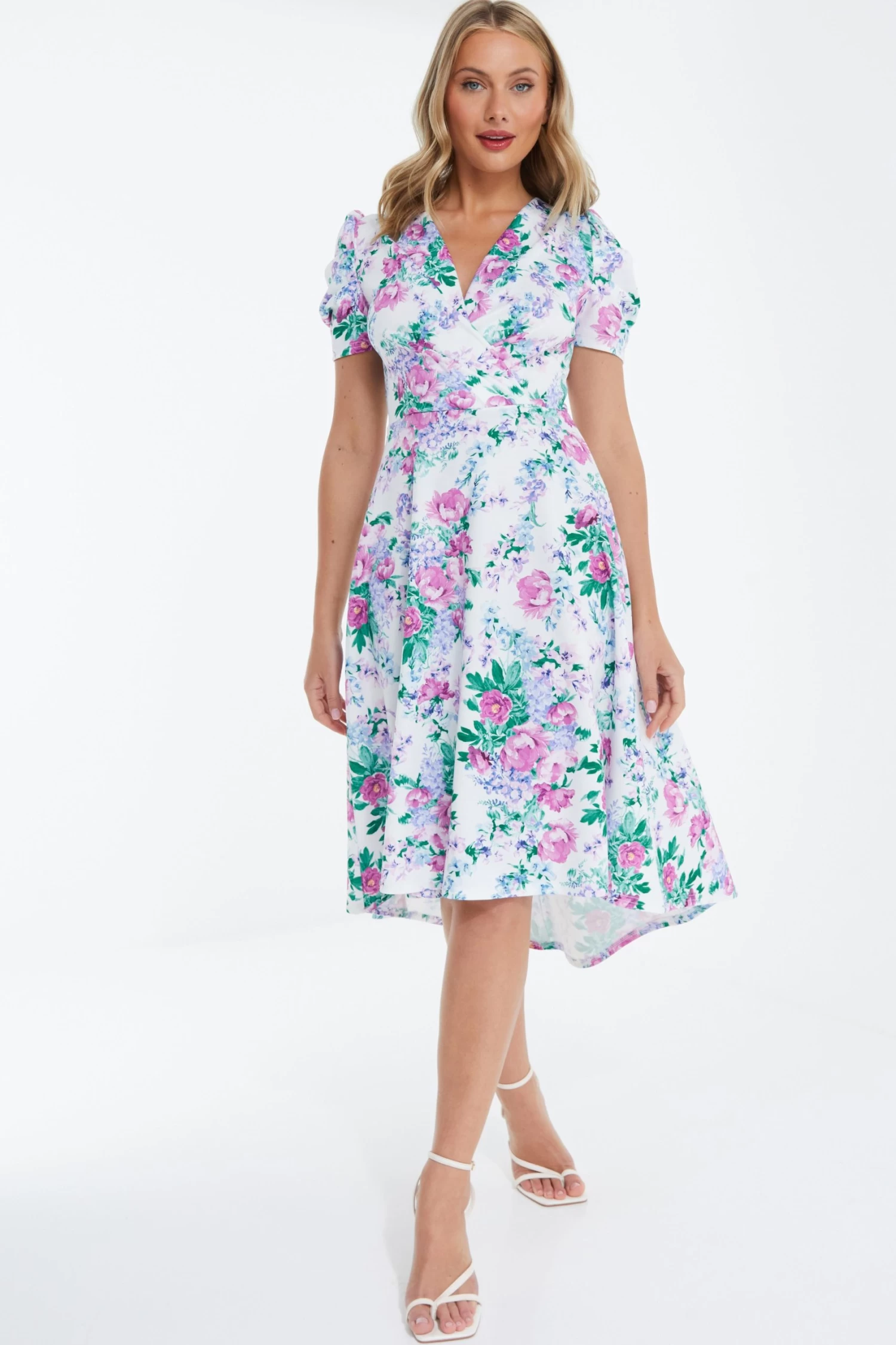 White Floral Puff Sleeve Midi Dress - Image 2