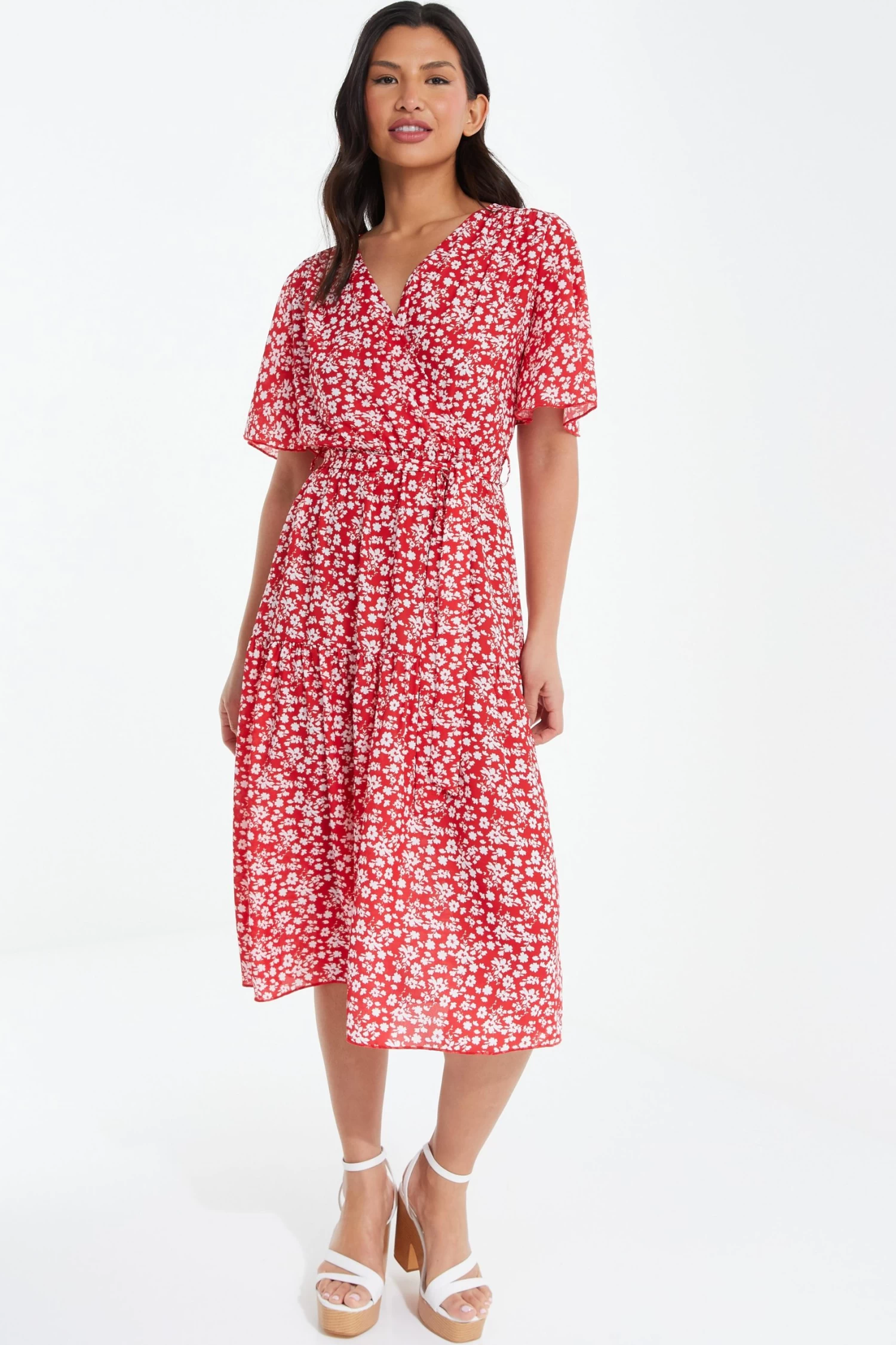 Red Ditsy Floral Tiered Midi Dress - Image 2